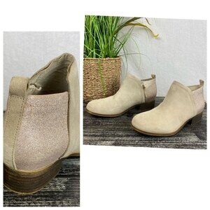Toms Women's  Tan & Gold Deia Glitter Heel Zip Up Ankle Bootie 7